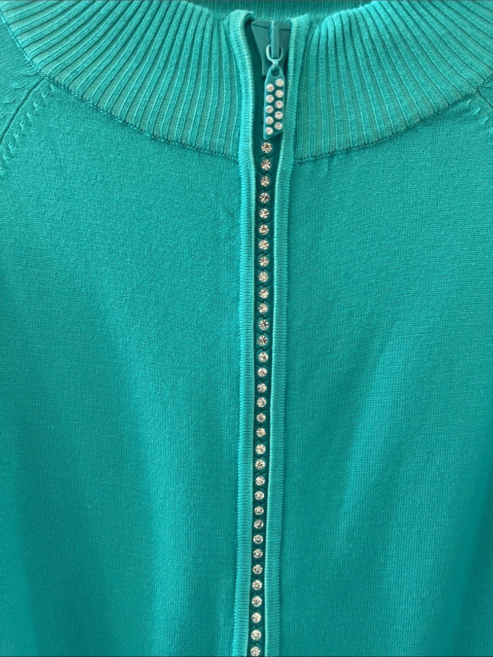 Belldini Teal Rhinestone Zip-Front Short Sleeve Sweater Size XL - Picture 5 of 16